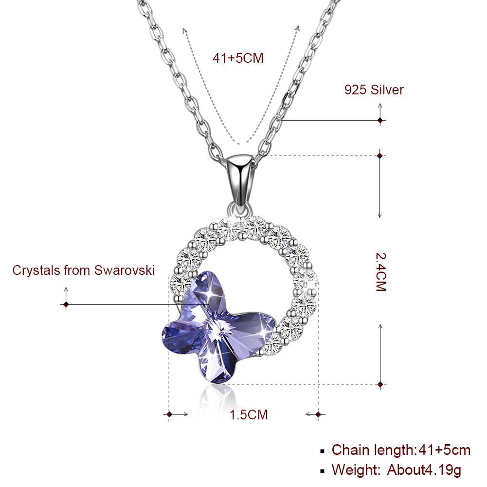 Lekani Sterling Silver s925 Necklace Crystal European And American Popular Purple Light Magic Butterfly Clavicle Chain Female