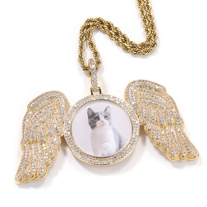 Custom DIY Photo Frame Pendant, Hip Hop Bling Rhinestone Round Wing Necklace