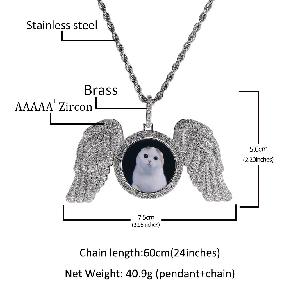 Custom DIY Photo Frame Pendant, Hip Hop Bling Rhinestone Round Wing Necklace