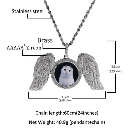 Custom DIY Photo Frame Pendant, Hip Hop Bling Rhinestone Round Wing Necklace