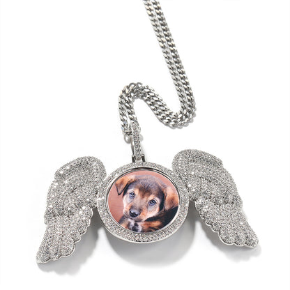 Custom DIY Photo Frame Pendant, Hip Hop Bling Rhinestone Round Wing Necklace