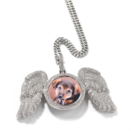 Custom DIY Photo Frame Pendant, Hip Hop Bling Rhinestone Round Wing Necklace