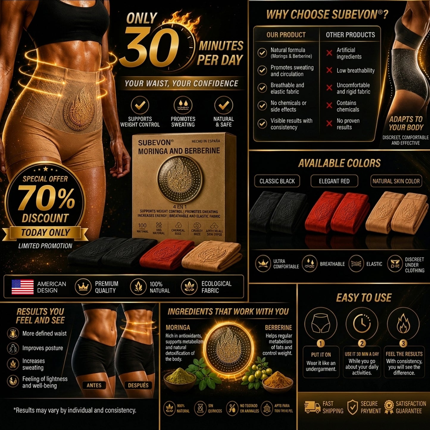🎁SUBEVON® 2026 Edition Black Gold Luxury 4-in-1 Fat-Burning Shorts with Moringa, Berberine and Sculpting Micro-Particle Technology
