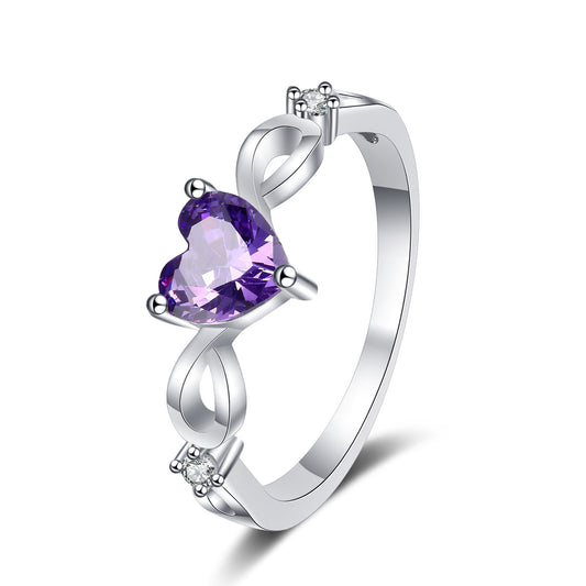 S925 Sterling Silver Natural Amethyst Heart Ring Fashion Simple Ladies Gemstone Ring