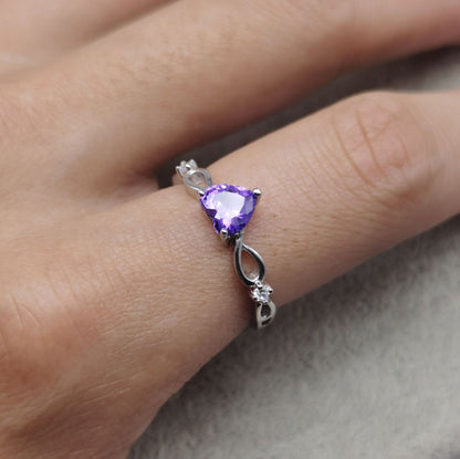S925 Sterling Silver Natural Amethyst Heart Ring Fashion Simple Ladies Gemstone Ring