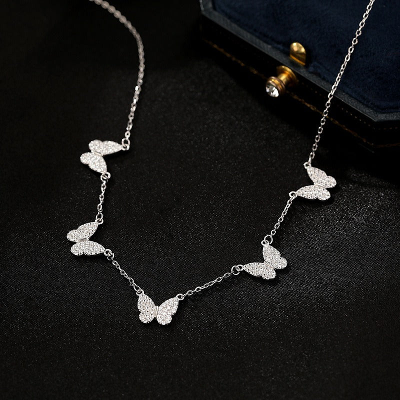 S925 silver personalized butterfly pendant tassel necklace women's cool style bow clavicle chain