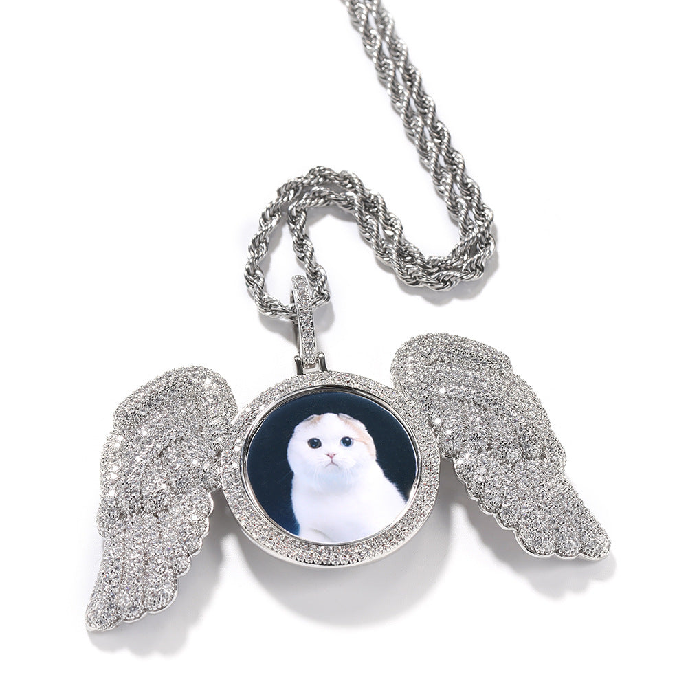 Custom DIY Photo Frame Pendant, Hip Hop Bling Rhinestone Round Wing Necklace