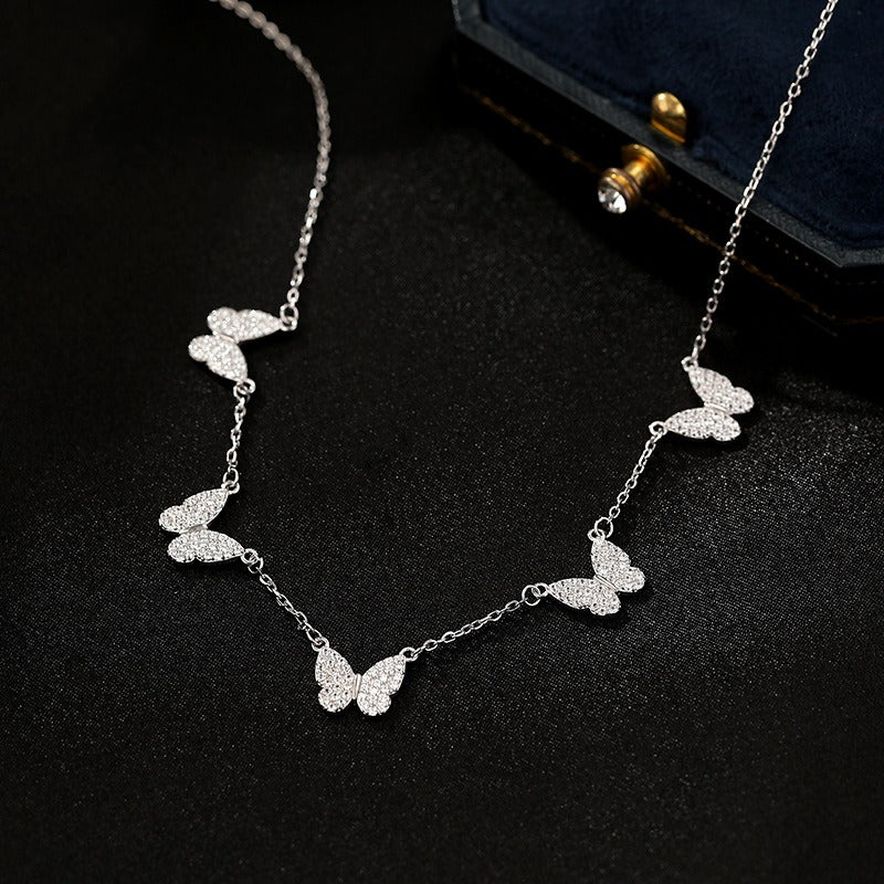 S925 silver personalized butterfly pendant tassel necklace women's cool style bow clavicle chain