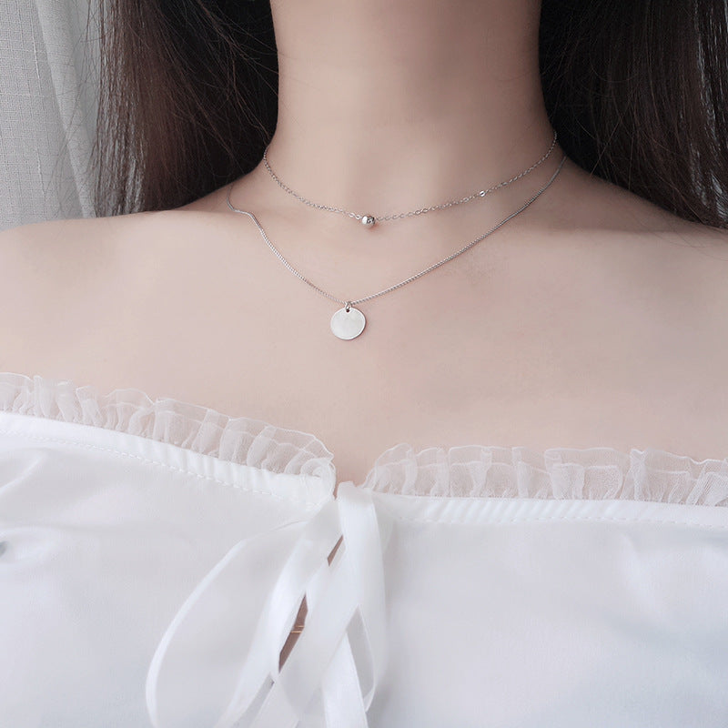 Modian Simple Design Beads Ball Coin 925 Sterling Silver Pendant for Women Girl Double Layer Basic Chain Necklace Fine Jewelry