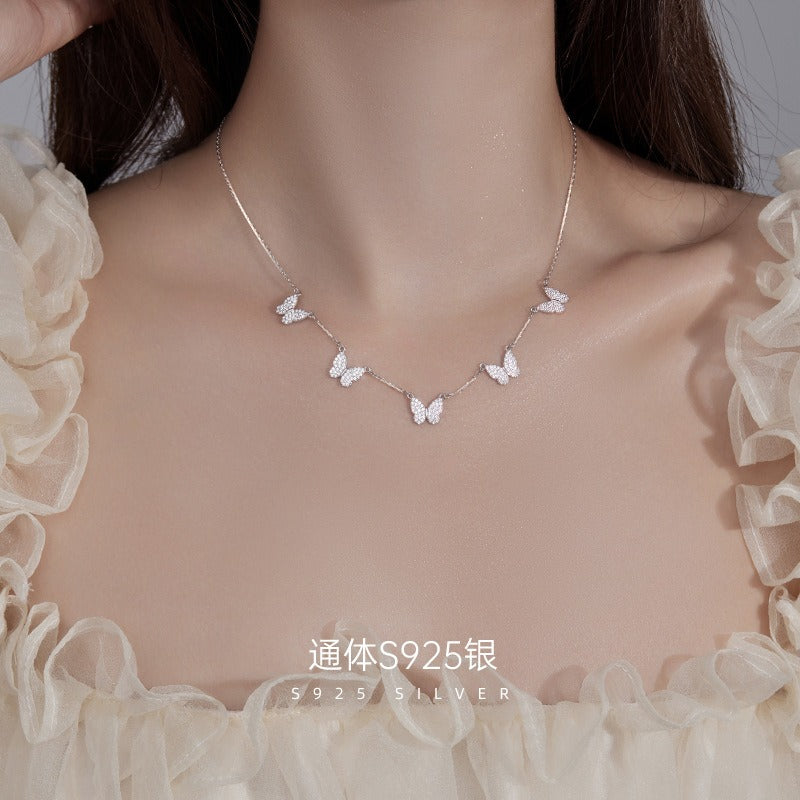 S925 silver personalized butterfly pendant tassel necklace women's cool style bow clavicle chain